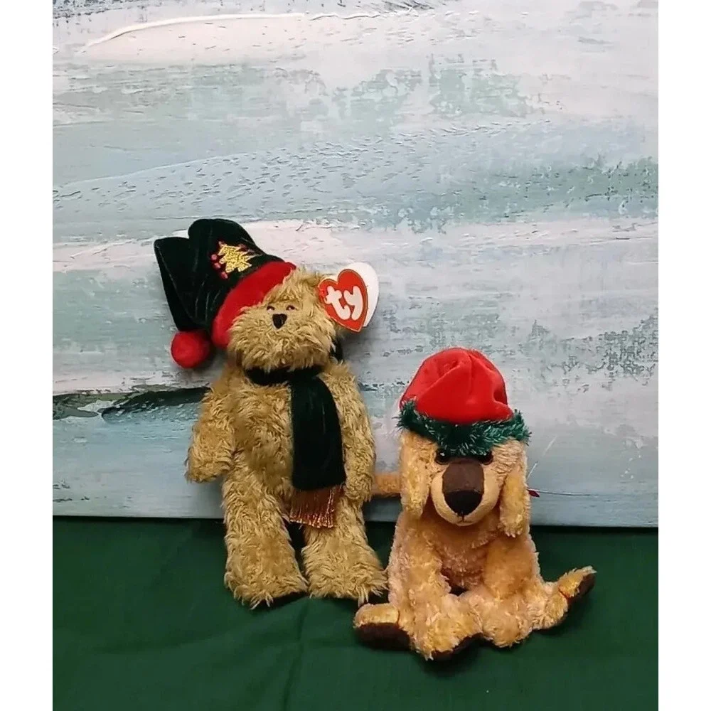 Lot Of 2 Christmas TY Beanie Babies JinglePup & Spruce Attic Treasures Santa Hat